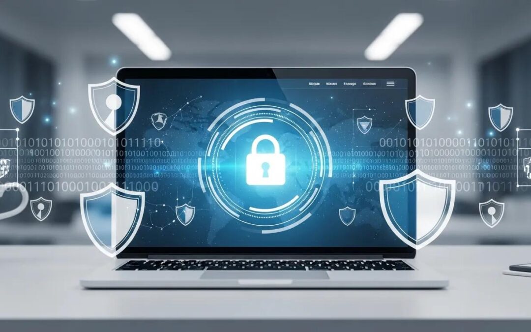 Secure website environment with a laptop displaying a lock symbol, emphasizing website security importance