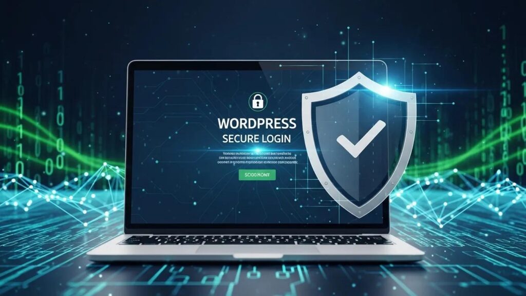 Secure WordPress website environment with a laptop and shield symbolizing protection