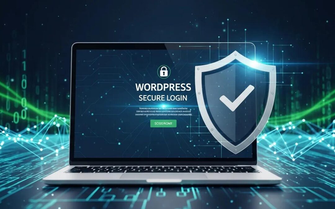 Secure WordPress website environment with a laptop and shield symbolizing protection