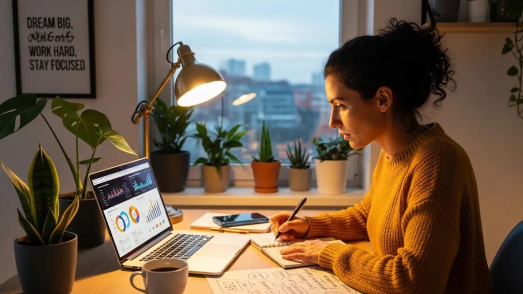 Small business owner analyzing digital marketing strategies with a laptop and colorful charts in a cozy office