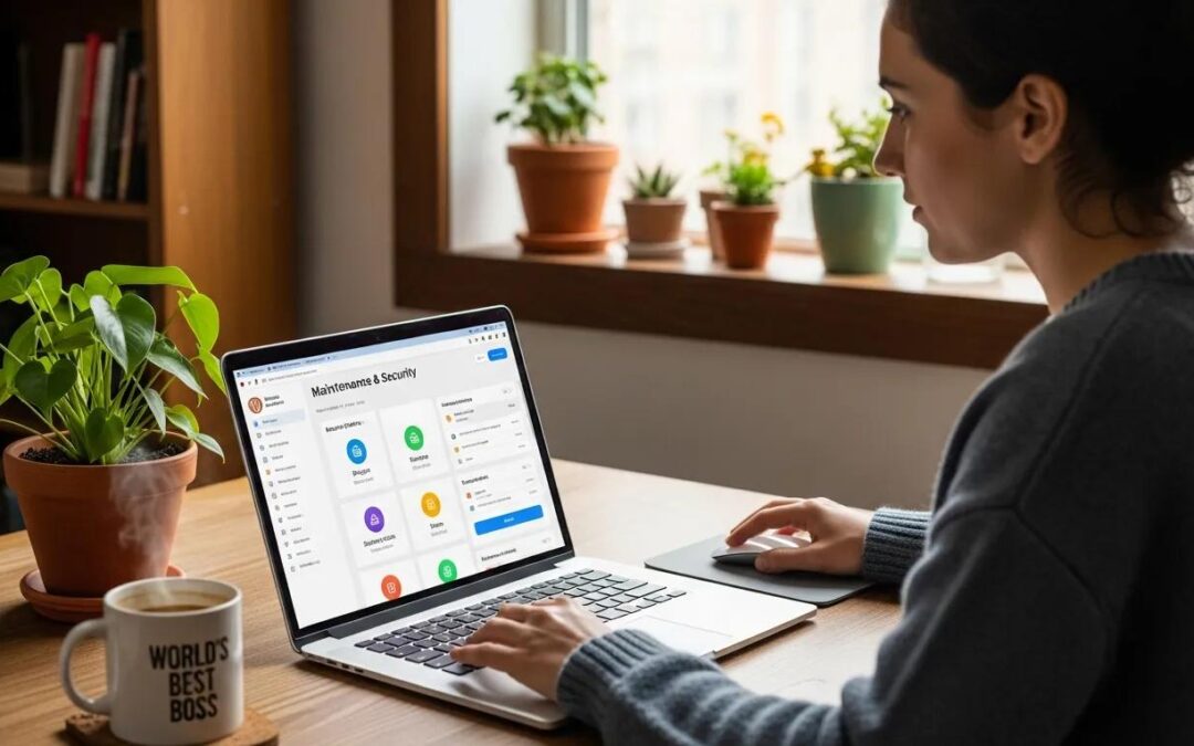 Small business owner managing WordPress maintenance in a cozy office
