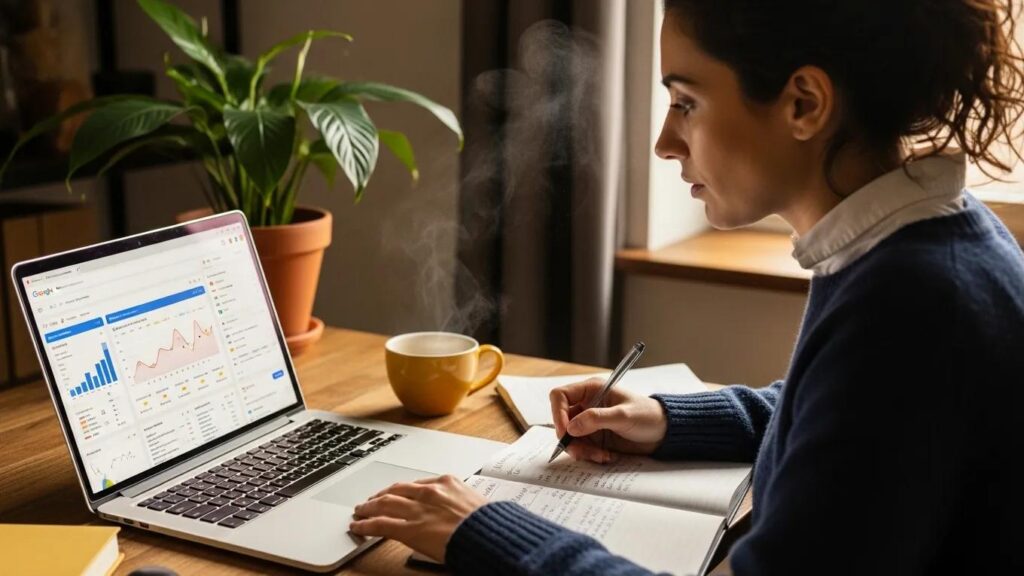 Small business owner reviewing Google Ads budget in a cozy office