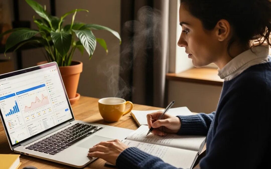 Small business owner reviewing Google Ads budget in a cozy office