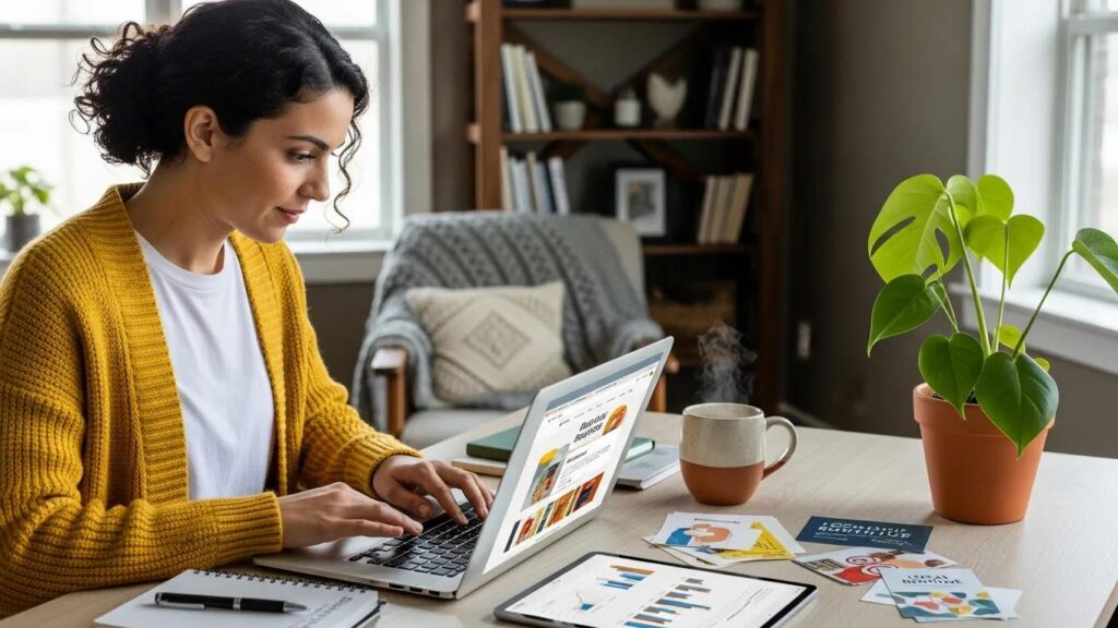 Small business owner working on digital marketing strategies in a cozy workspace