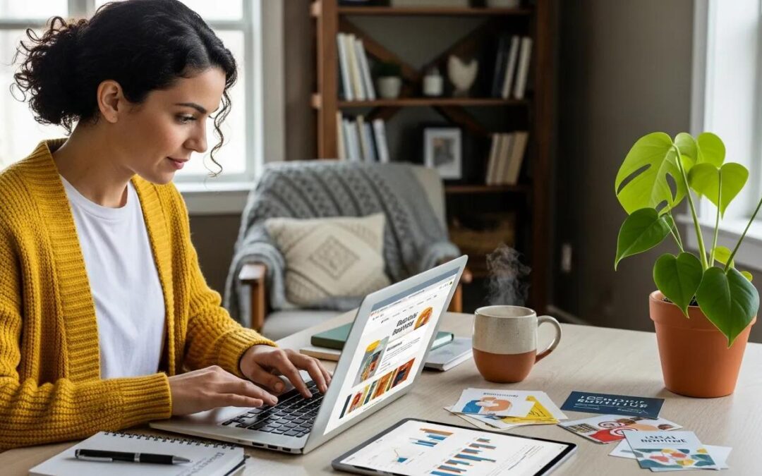 Small business owner working on digital marketing strategies in a cozy workspace