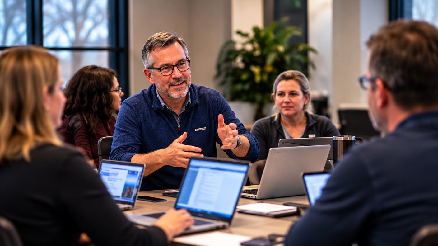 SEO meetup organizer talking with attendees around a table with laptops