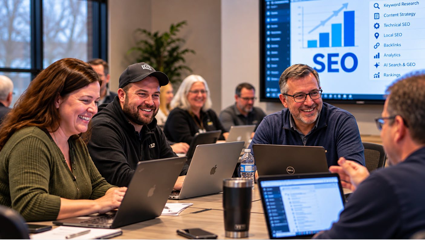 Milwaukee SEO Meetup members laughing and working on laptops in front of an SEO presentation screen