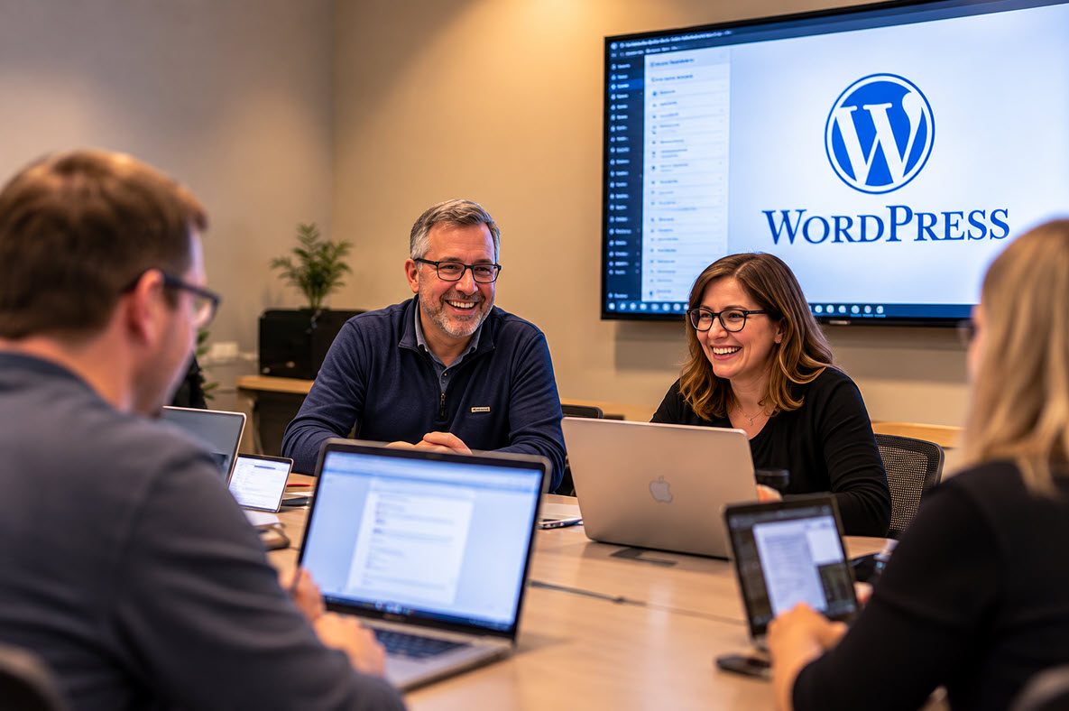 Milwaukee WordPress Meetup members talking around a conference table with laptops